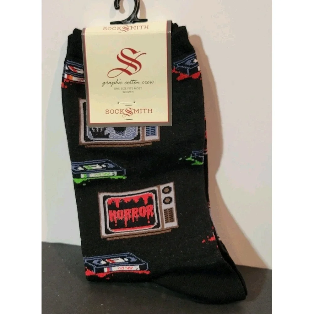 Socksmith VHS Tape Horror  Retro Crew Socks Novelty Halloween Women's Size‎ 9-11